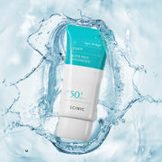 ProtoClinical k-beauty SCINIC Enjoy Super Mild Sun Essence SPF50+ PA++++ 50ml single upright pale blue sun essence container with a rounded teal cap on a clean light background