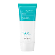 ProtoClinical k-beauty SCINIC Enjoy Super Mild Sun Essence SPF50+ PA++++ 50ml single upright sun essence container in pale blue packaging with a rounded teal cap.