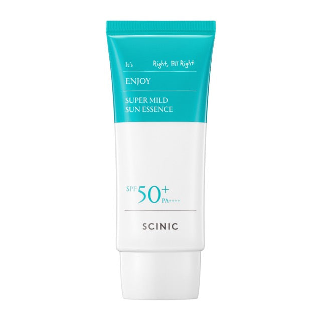 ProtoClinical k-beauty SCINIC Enjoy Super Mild Sun Essence SPF50+ PA++++ 50ml single upright sun essence container in pale blue packaging with a rounded teal cap.