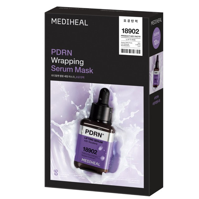 MEDIHEAL PDRN Wrapping Serum Lifting Mask 25ml X 10ea by ProtoClinical displayed in a front-facing product packshot on a white background, highlighting the branded mask packaging for a k-beauty skincare routine.