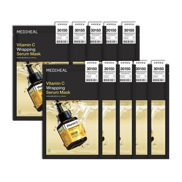 MEDIHEAL Vitamin C Wrapping Serum Mask 25ml X 10ea by ProtoClinical shown in front-facing mask packaging on a white background for a k-beauty skincare routine.