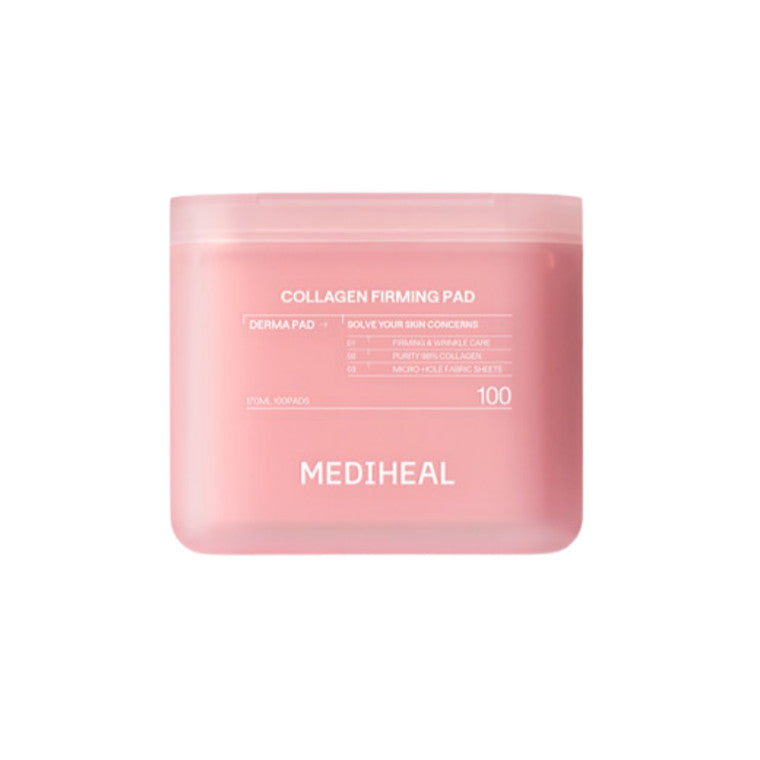 ProtoClinical k-beauty MEDIHEAL Collagen Firming Pad 170ml/100ea single round pink pad container centered on a pale blue and blush background
