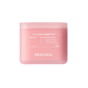 ProtoClinical k-beauty MEDIHEAL Collagen Firming Pad 170ml/100ea single round pink pad container centered on a pale blue and blush background