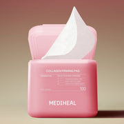 ProtoClinical k-beauty MEDIHEAL Collagen Firming Pad 170ml/100ea single upright pink pad container centered on a warm beige background with pale yellow highlights