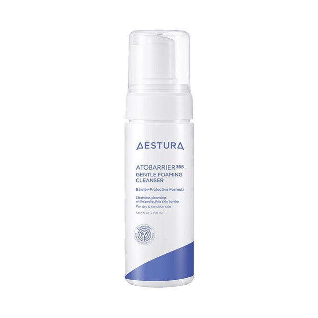 ProtoClinical k-beauty AESTURA Atobarrier 365 Gentle Foaming Cleanser 150ml single upright white cleanser tube centered on a pale blue-white background with soft blue side accents.