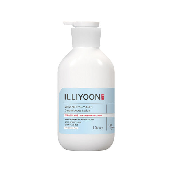 ProtoClinical k-beauty ILLIYOON Ceramide Ato Lotion 564ml single centered pale blue lotion bottle on a white background with soft blue side accents.