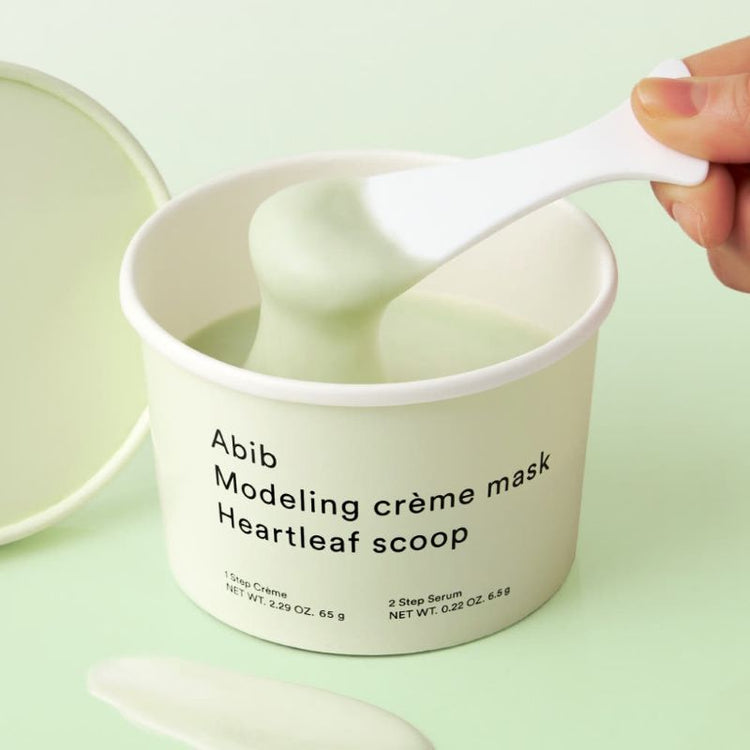 ProtoClinical k-beauty Abib Modeling Creme Mask Heartleaf Scoop 71g square creme mask package with a muted sage center panel and soft beige side blocks on a light background