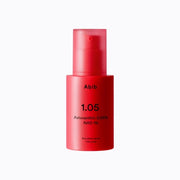 ProtoClinical k-beauty Abib Red Effect Serum 1.05 Pump 30ml single upright deep pink pump bottle centered on a pale pink background with mint side accents