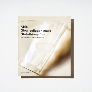 ProtoClinical k-beauty Abib Glow Collagen Mask Glutathione Film 38g X 4ea two standing sheet mask pouches in pale yellow and olive-gray tones on a soft white background