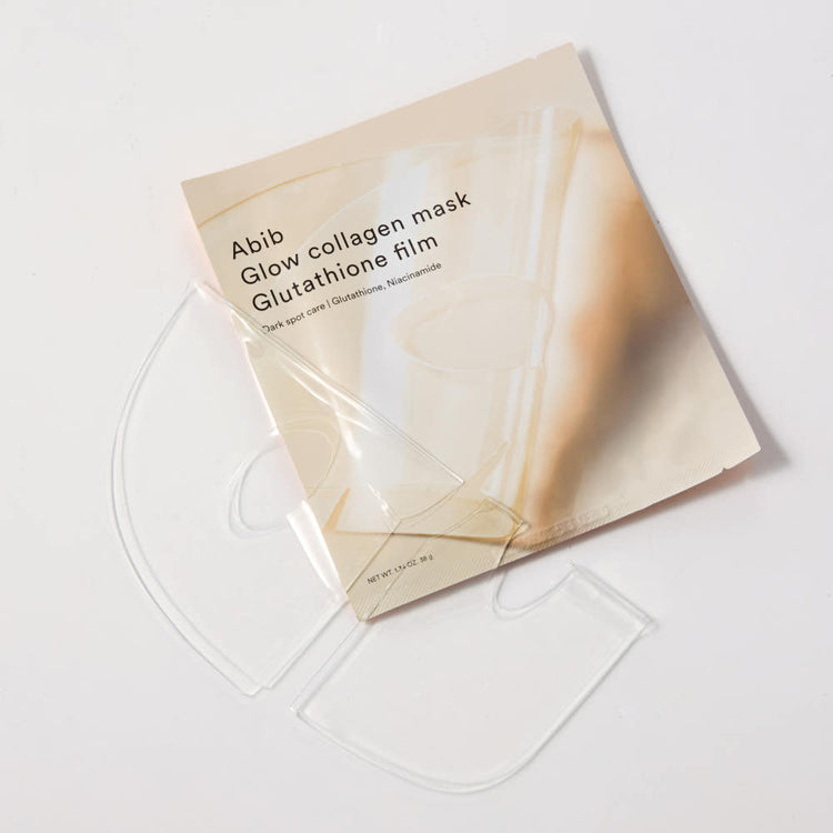 ProtoClinical k-beauty Abib Glow Collagen Mask Glutathione Film 38g X 4ea two standing sheet mask pouches in pale yellow and gray-green tones on a soft white background