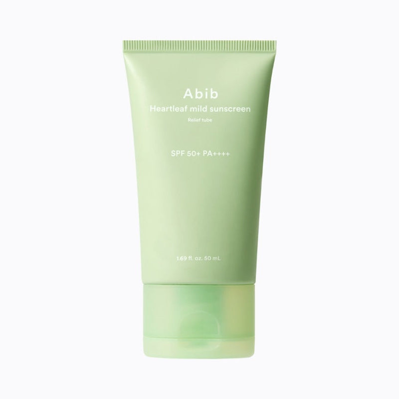 ProtoClinical k-beauty Abib Heartleaf Mild Sunscreen Relief Tube SPF50+ PA++++ 50ml single front-facing sunscreen tube centered on a clean white background