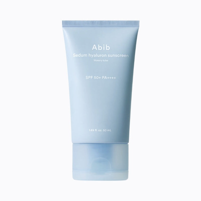 ProtoClinical k-beauty Abib Sedum Hyaluron Sunscreen Watery Tube SPF50+ PA++++ 50ml single pale blue sunscreen package centered on a clean white background.