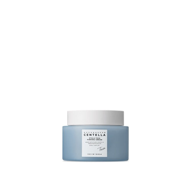 ProtoClinical k-beauty SKIN1004 Hyalu-Teca Firming Cream 50ml abstract product graphic with a pale blue top block, rounded gray lower shape, and soft blue side bands on a white background