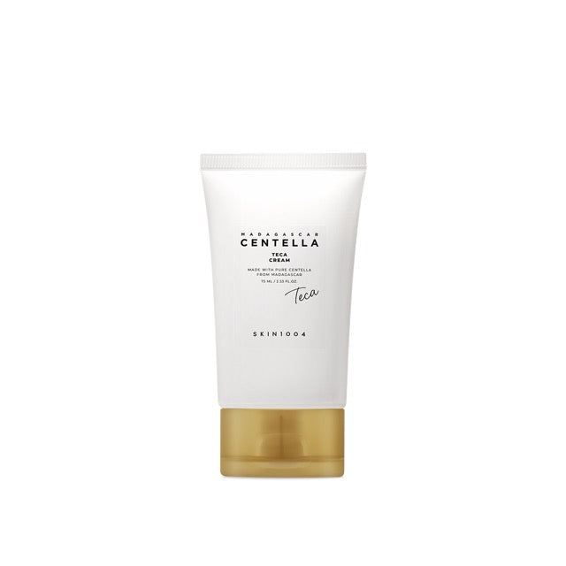 ProtoClinical k-beauty SKIN1004 Centella Teca Cream 75ml abstract beauty graphic with soft taupe, aqua, and peach diagonal bands on a pale background.