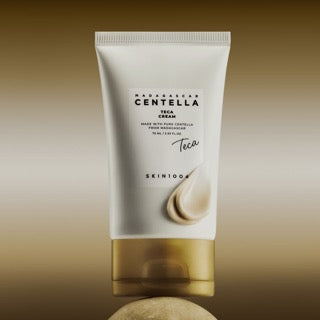 ProtoClinical k-beauty SKIN1004 Centella Teca Cream 75ml abstract beauty graphic with warm beige and brown horizontal bands on a pale background.