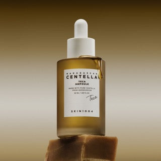 ProtoClinical k-beauty SKIN1004 Centella Teca Ampoule 50ml abstract beauty graphic with warm brown and taupe horizontal bands on a muted background.