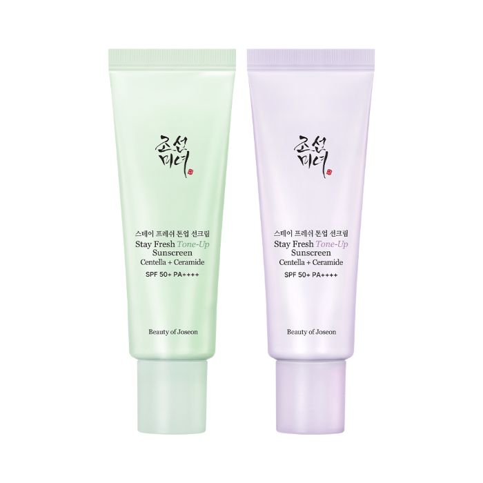 ProtoClinical k-beauty [Beauty of Joseon] Stay Fresh Tone-Up Sunscreen SPF50+ PA++++ 50ml (2colors) single upright sunscreen package centered on a light background with soft pink and beige tones.