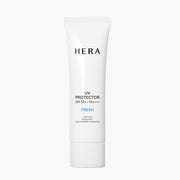 ProtoClinical k-beauty HERA UV Protector Fresh SPF50+ PA++++ 50ml in an angled pale blue tube with a white cap on a bright light background