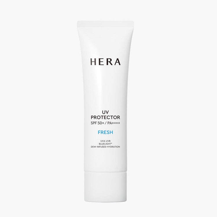 ProtoClinical k-beauty HERA UV Protector Fresh SPF50+ PA++++ 50ml in an angled pale blue tube with a white cap on a bright light background