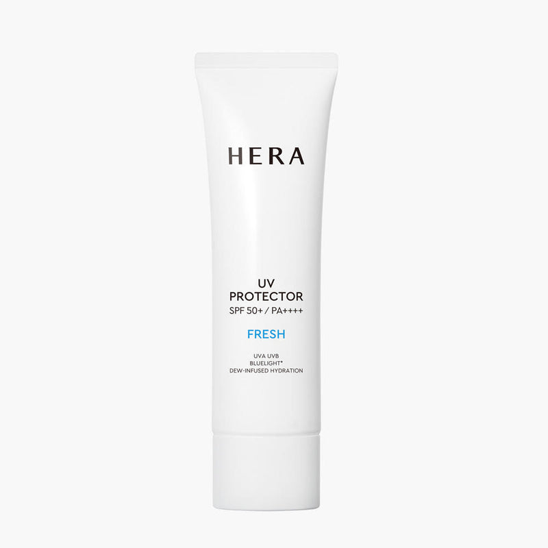 ProtoClinical k-beauty HERA UV Protector Fresh SPF50+ PA++++ 50ml in an angled pale blue tube with a white cap on a bright light background
