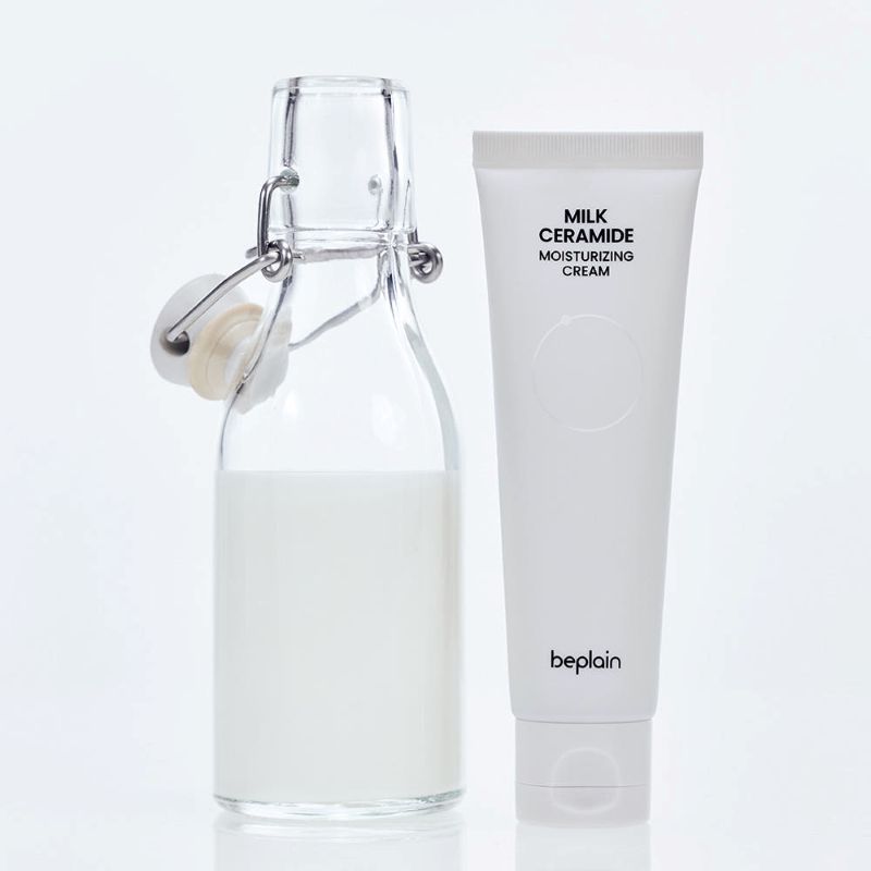 ProtoClinical k-beauty beplain Milk Ceramide Moisturizing Cream 50ml as a single tall pale beige skincare package centered upright on a soft white background.