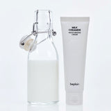 ProtoClinical k-beauty beplain Milk Ceramide Moisturizing Cream 50ml as a single tall pale beige skincare package centered upright on a soft white background.