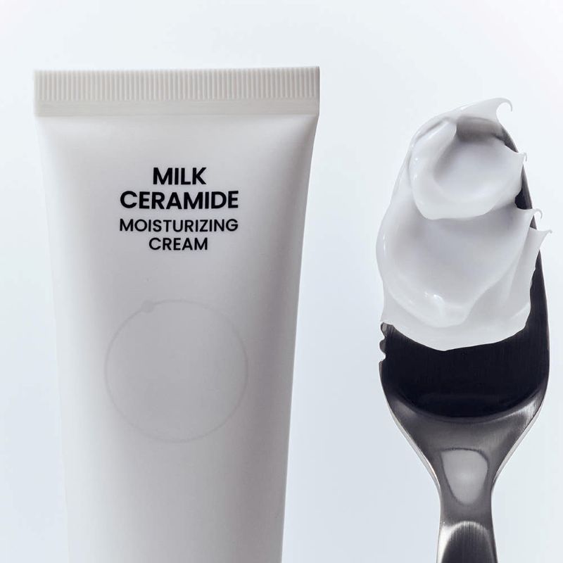 ProtoClinical k-beauty beplain Milk Ceramide Moisturizing Cream 50ml as a single tall pale beige skincare package centered upright on a soft white background.