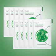 ProtoClinical k-beauty beplain Madecassoside Calming Ampoule Mask 24ml X 10ea shown in a square product detail graphic with green, white, and soft yellow packaging tones