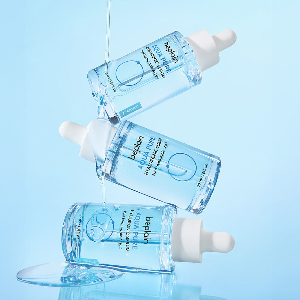 ProtoClinical k-beauty beplain Aqua Pure Hyaluronic Serum 30ml single upright pale blue and gray serum bottle centered on a white background.