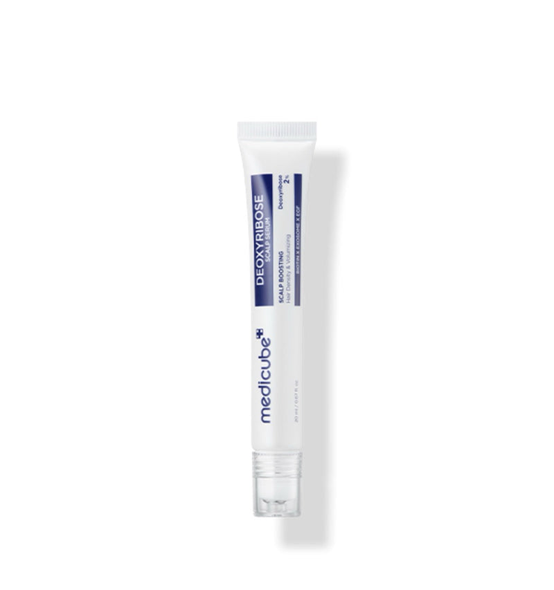 ProtoClinical k-beauty medicube Deoxyribose Scalp Serum 20ml in a slim light gray bottle centered upright on a white background with pale blue side shading.