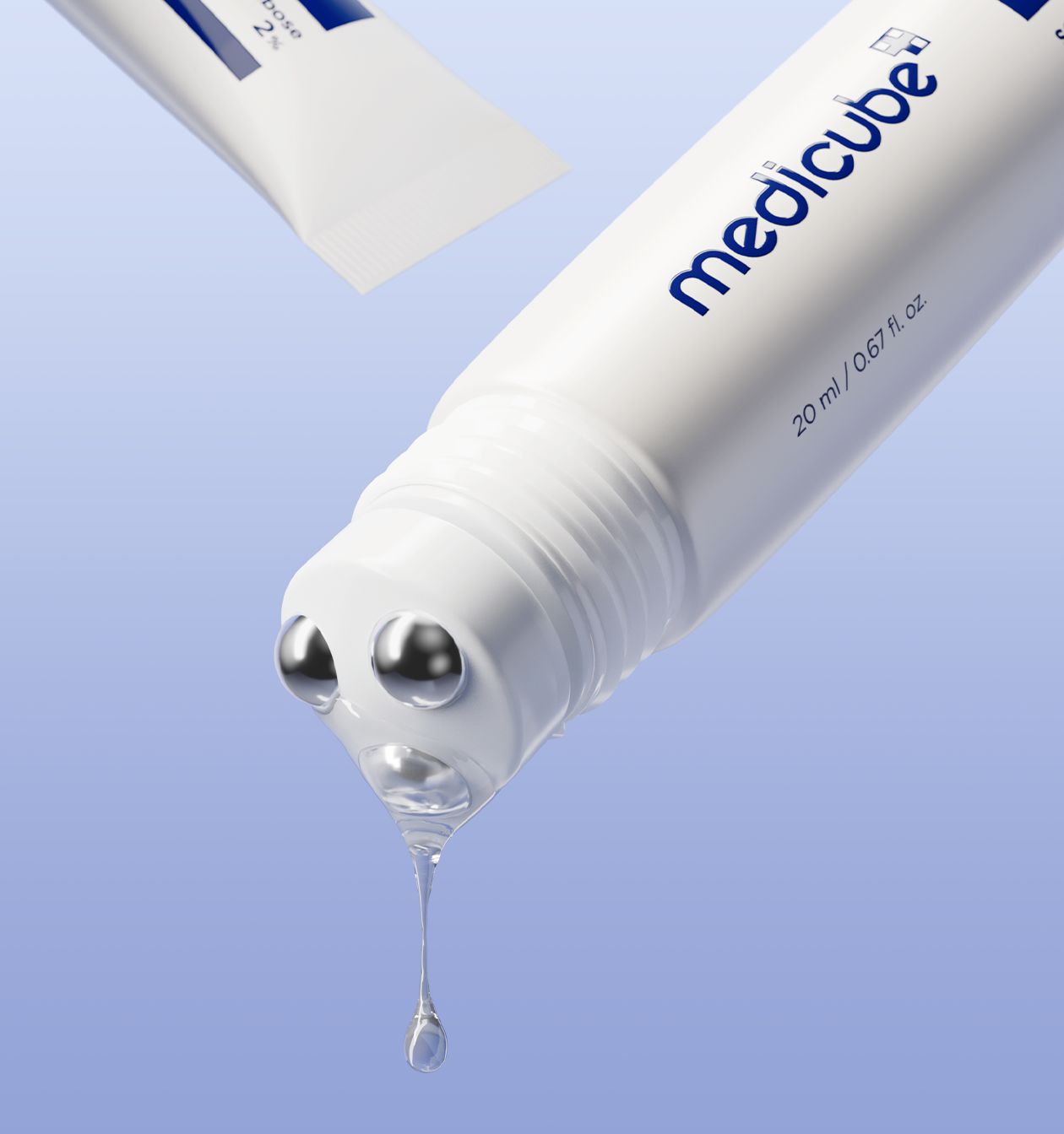 ProtoClinical k-beauty medicube Deoxyribose Scalp Serum 20ml in a slim light gray bottle centered upright on a white background with pale blue side shading.