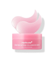 ProtoClinical k-beauty medicube PDRN Pink Caffeine Collagen Eye Patch 85g/60ea single pink container centered on a pale background with soft aqua side tones