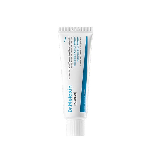 ProtoClinical k-beauty Dr.Melaxin TX Tranexamic Acid Cream 50ml single upright pale blue-gray cream tube centered on a white background