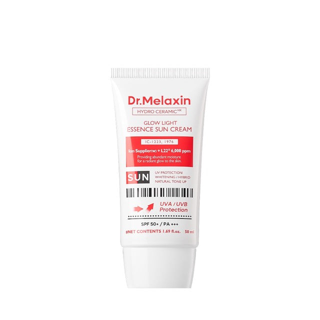 ProtoClinical k-beauty Dr.Melaxin Hydro Ceramic Tone Up Essence Sunscreen SPF50+ PA++++ 50ml single upright pink sunscreen bottle centered on a light background.