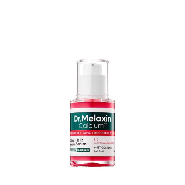 ProtoClinical k-beauty Dr.Melaxin Cemenrete Cyano Pink Spicule Serum 30ml single upright pale pink serum bottle with a rounded mauve base centered on a white background