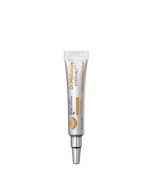 ProtoClinical k-beauty Dr.Melaxin Retinol Eyebag Cream 10ml single upright gray eye cream package centered on a white background with soft peach side shading