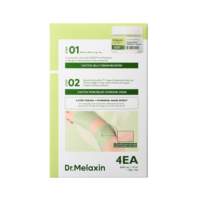 Dr.Melaxin Cactox Jelly Cream Booster & Pore Relief Hydrogel Mask Set 4ea by ProtoClinical displayed in a centered product packaging image with visible label details on a clean white background for a k-beauty skincare routine.