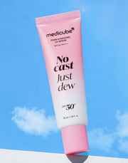ProtoClinical k-beauty bright blue beauty graphic with a muted mauve vertical center on a light background.