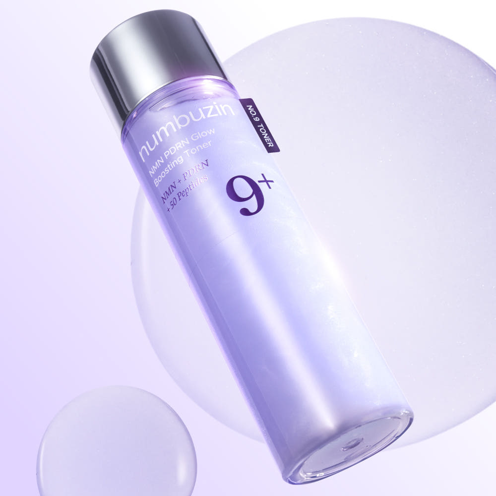 ProtoClinical k-beauty numbuzin No.9 NMN PDRN Glow Boosting Toner 150ml single upright lavender toner bottle centered on a rosy lilac background.