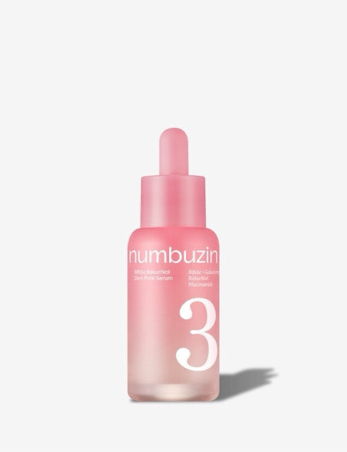 ProtoClinical k-beauty numbuzin No.3 Bifida Bakuchiol Zero Pore Serum 30ml single upright peach serum bottle centered on a pale aqua and white background.