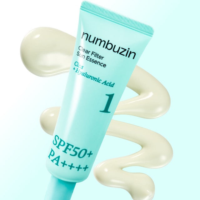 ProtoClinical k-beauty numbuzin No.1 Clear Filter Sun Essence SPF50+ PA++++ 50ml single pale aqua sunscreen bottle centered on a white background