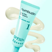 ProtoClinical k-beauty numbuzin No.1 Clear Filter Sun Essence SPF50+ PA++++ 50ml single pale aqua sunscreen bottle centered on a white background