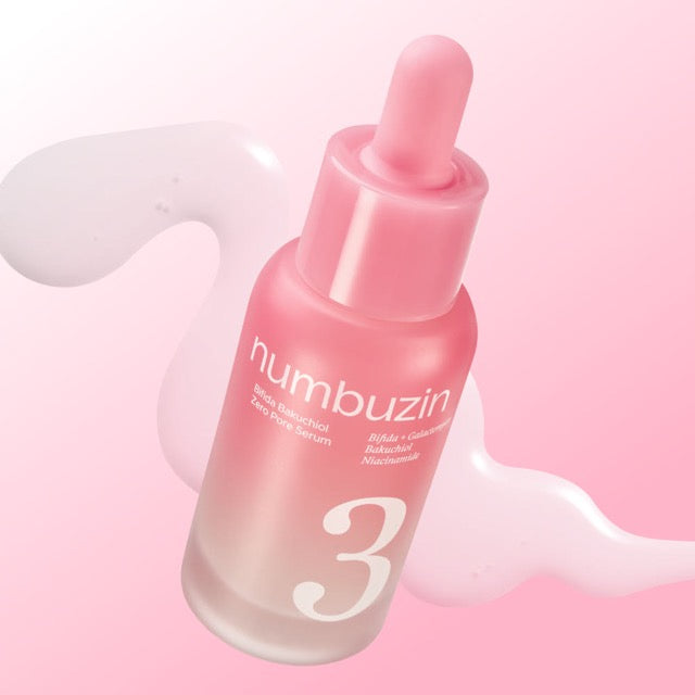 ProtoClinical k-beauty numbuzin No.3 Bifida Bakuchiol Zero Pore Serum 30ml single upright peach serum bottle centered between pale aqua and pink side panels