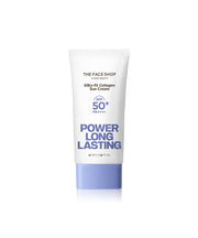 ProtoClinical k-beauty THE FACE SHOP Power Long Lasting Silky-fit Collagen Sun Cream SPF50+ PA++++ 50ml single upright blue sun cream tube centered on a pale background.