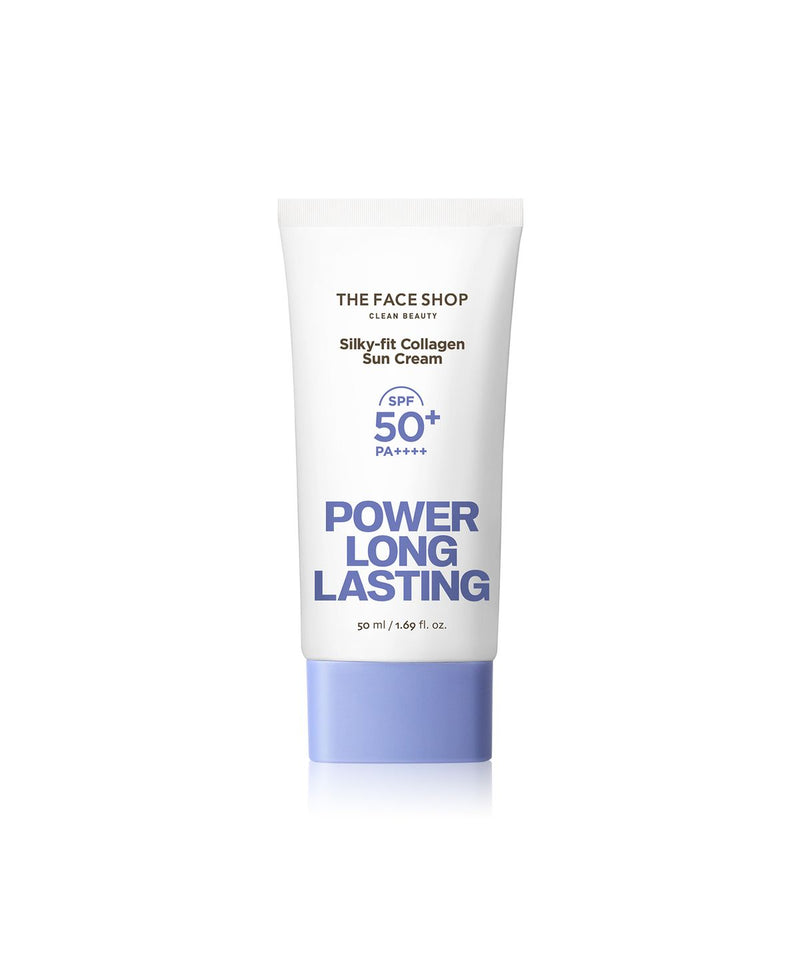 ProtoClinical k-beauty THE FACE SHOP Power Long Lasting Silky-fit Collagen Sun Cream SPF50+ PA++++ 50ml single upright blue sun cream tube centered on a pale background.