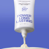 ProtoClinical k-beauty THE FACE SHOP Power Long Lasting Silky-fit Collagen Sun Cream SPF50+ PA++++ 50ml single upright blue sun cream tube centered on a pale background.