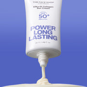 ProtoClinical k-beauty THE FACE SHOP Power Long Lasting Silky-fit Collagen Sun Cream SPF50+ PA++++ 50ml single upright blue sun cream tube centered on a pale background.