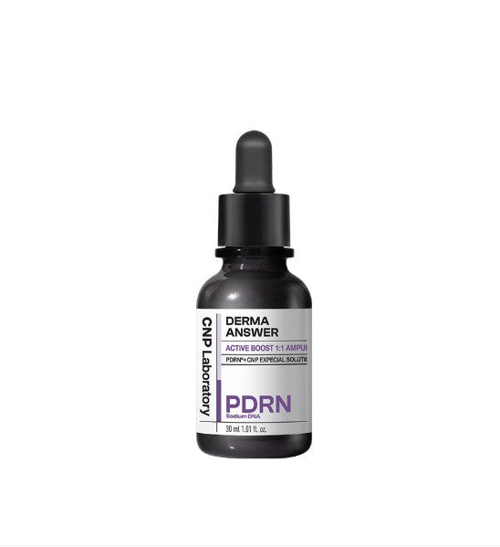 ProtoClinical k-beauty CNP Derma+ Answer Active Boost Ampoule 30ml as a single upright ampoule bottle centered in a square product shot