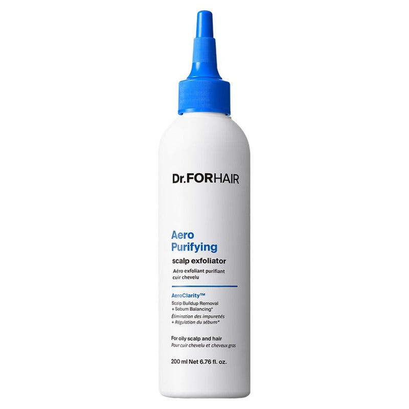 ProtoClinical k-beauty Dr.FORHAIR Aero Purifying Scalp Exfoliator 200ml in slim blue-gray packaging shown as a single product silhouette on a light background
