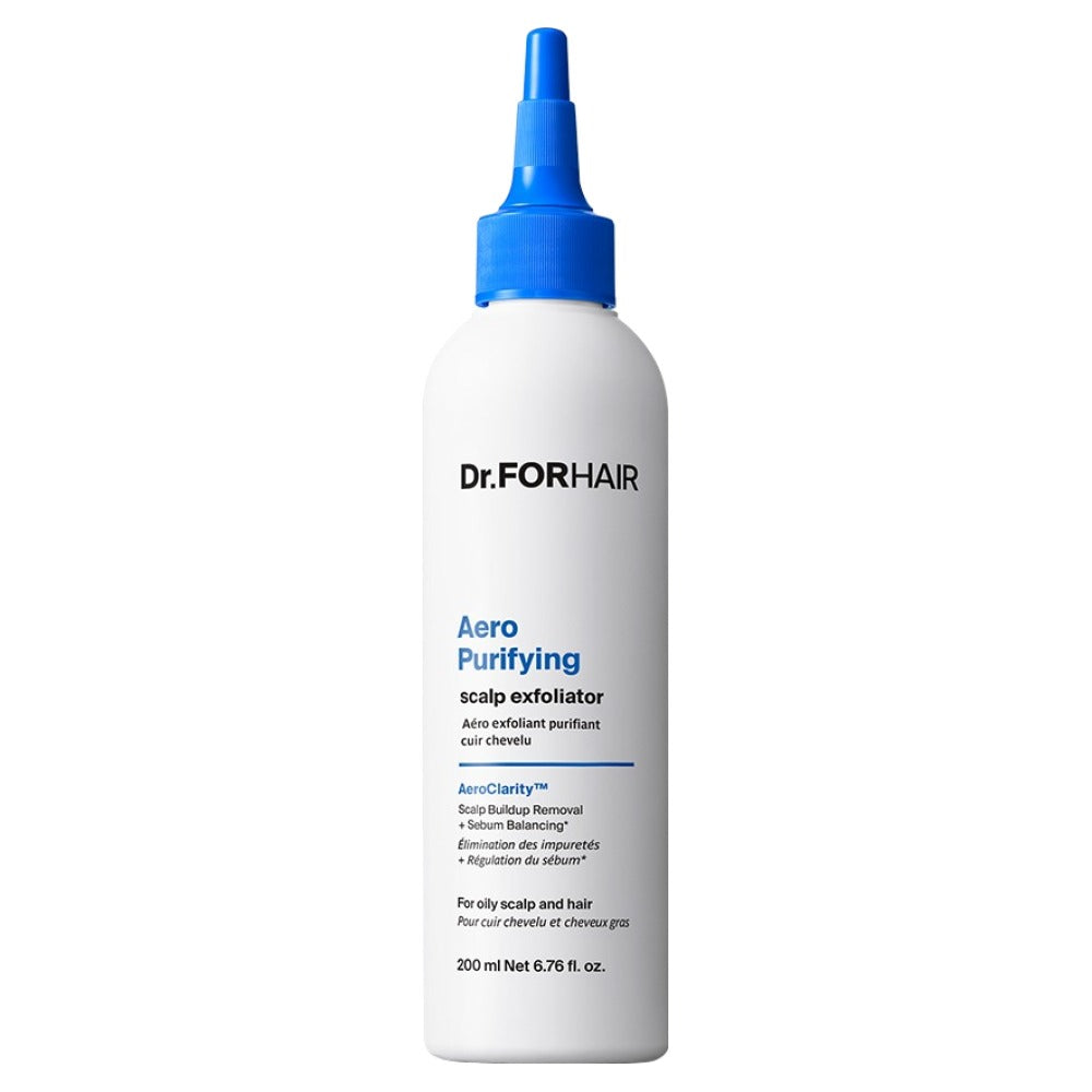 ProtoClinical k-beauty Dr.FORHAIR Aero Purifying Scalp Exfoliator 200ml in slim blue-gray packaging shown as a single product silhouette on a light background